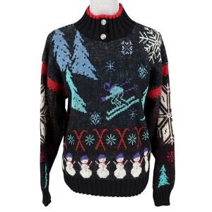 REI Sweater Womens Large Black Blue Wool Ski Mock Neck Winter Holiday Vintage